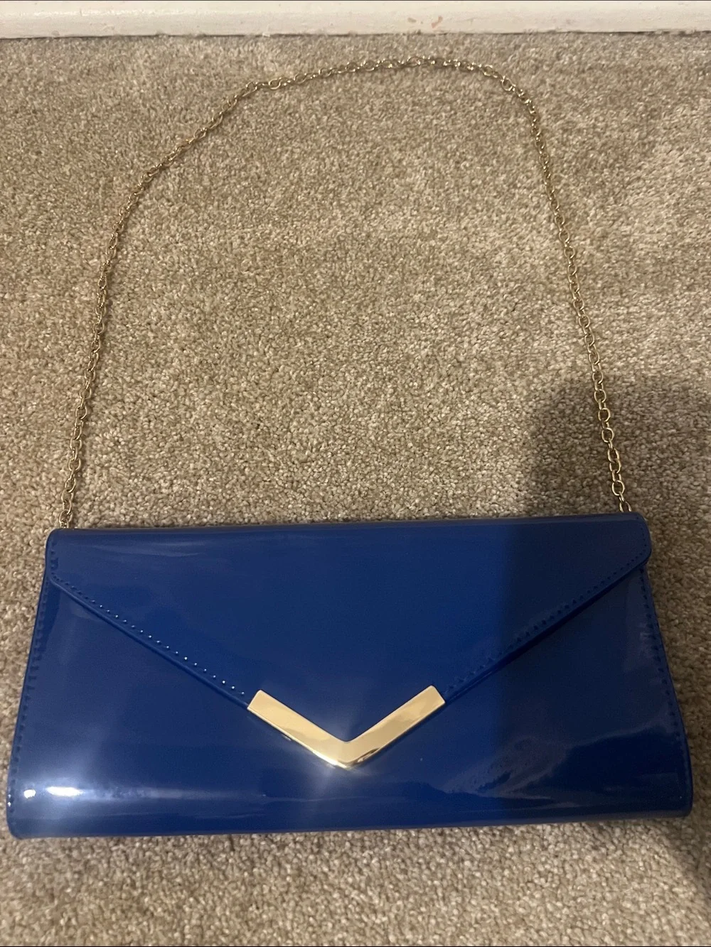 Aldo Royal Blue Patent Envelope Clutch with Gold V Accent